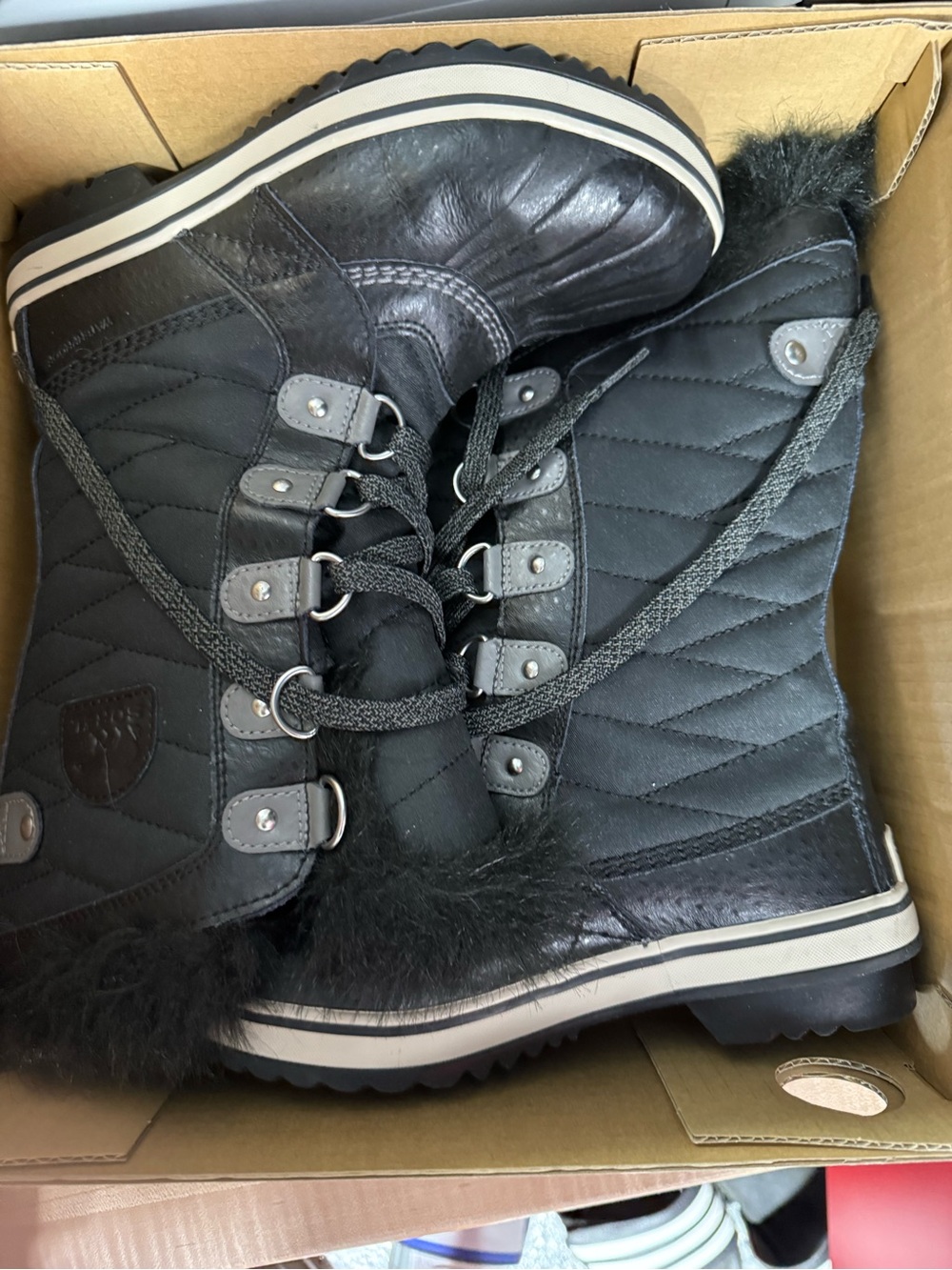 Women’s Black Quilted Winter Ankle Boots with Faux Fur